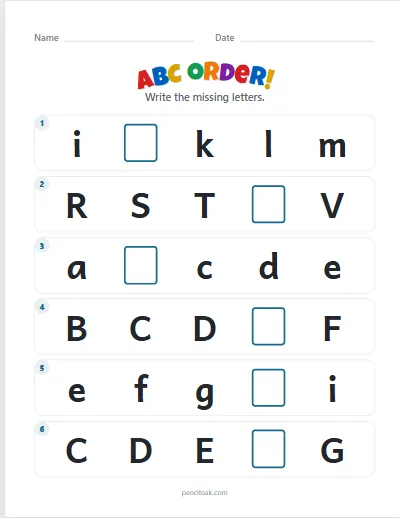 ABC order · Both · 1 missing · 6 rows worksheet
