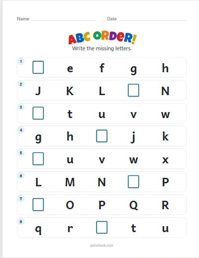 ABC order · Both · 1 missing · 8 rows worksheet