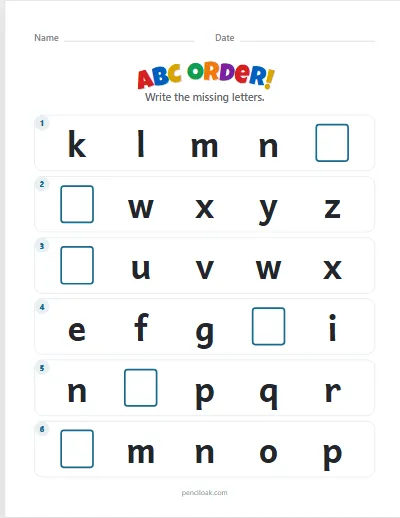 ABC order · Lowercase · 1 missing · 6 rows worksheet