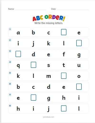 ABC order · Lowercase · 1 missing · 8 rows worksheet