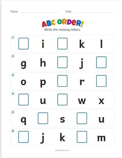 ABC order · Lowercase · 2 missing · 6 rows worksheet