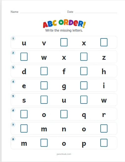 ABC order · Lowercase · 2 missing · 8 rows worksheet