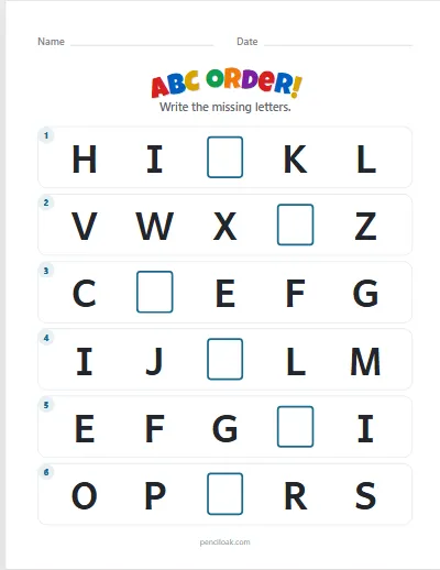 ABC order · Capitals · 1 missing · 6 rows worksheet
