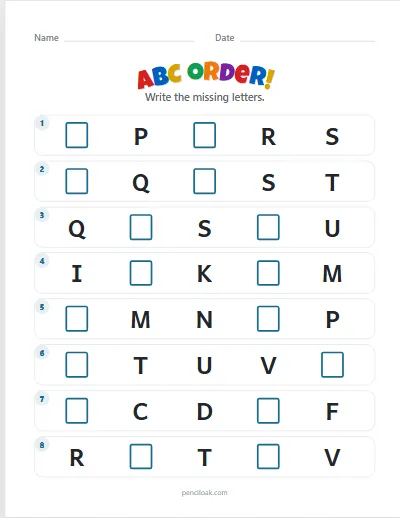 ABC order · Capitals · 2 missing · 8 rows worksheet
