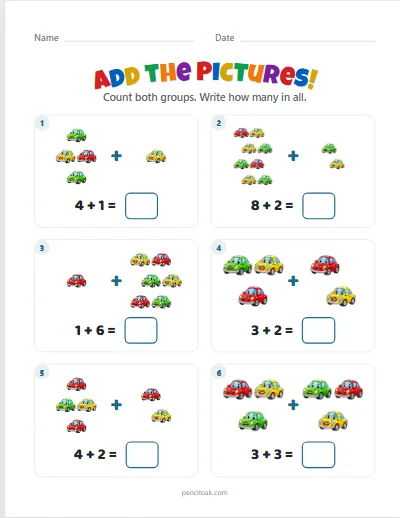 Addition to 10 · Cars · 6 questions worksheet