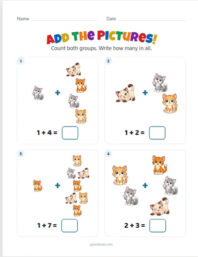 Addition to 10 · Cats · 4 questions worksheet