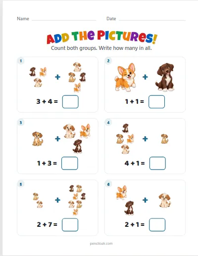Addition to 10 · Dogs · 6 questions worksheet