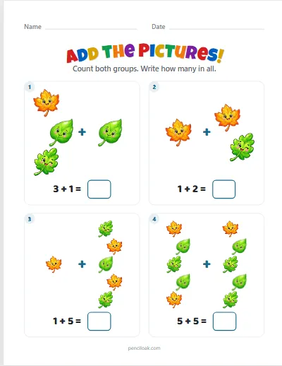 Addition to 10 · Leaves · 4 questions worksheet