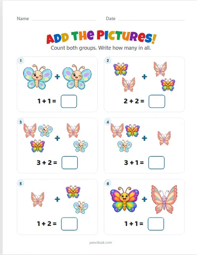 Addition to 5 · Butterflies · 6 questions worksheet