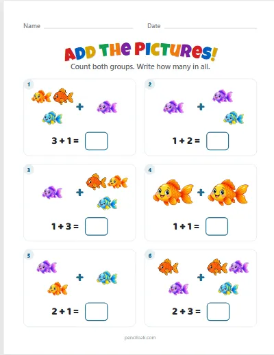 Addition to 5 · Fish · 6 questions worksheet