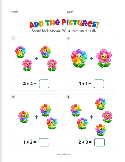 Addition to 5 · Flowers · 4 questions worksheet