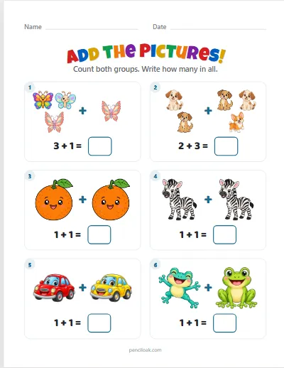 Addition to 5 · Mixed objects · 6 questions worksheet