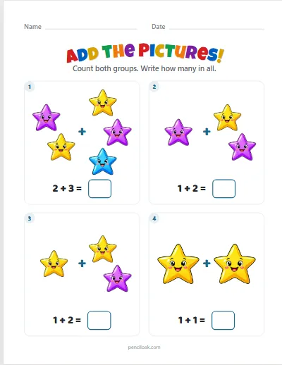 Addition to 5 · Stars · 4 questions worksheet
