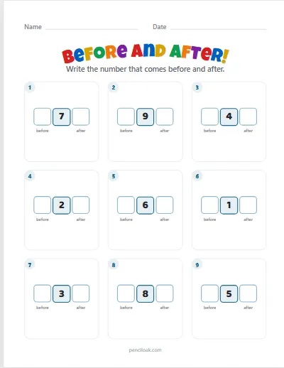 Before and after · To 10 · 9 questions worksheet