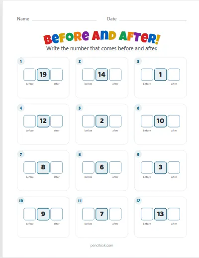 Before and after · To 20 · 12 questions worksheet