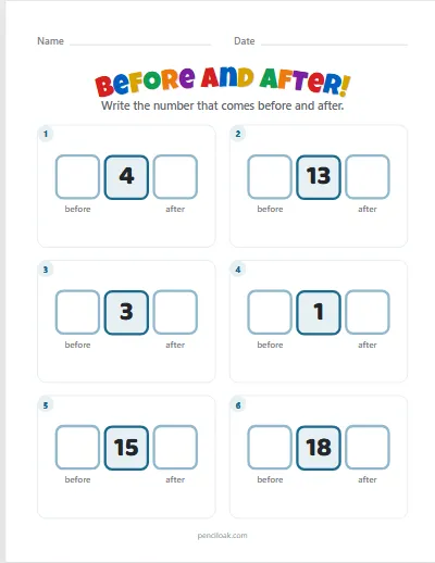 Before and after · To 20 · 6 questions worksheet