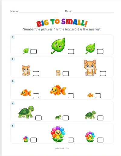 Big to small · 5 rows · set 2 worksheet