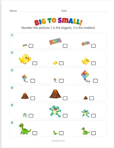 Big to small · 6 rows · set 2 worksheet