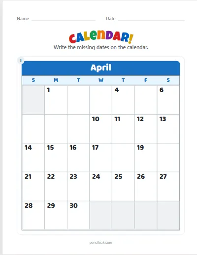 Calendar · April · A few missing worksheet
