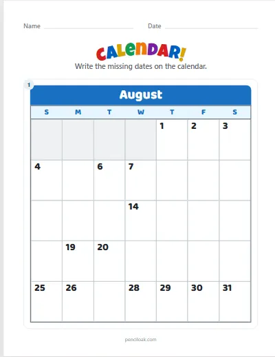 Calendar · August · Half missing worksheet