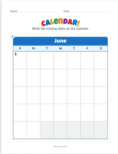Calendar · June · All missing worksheet