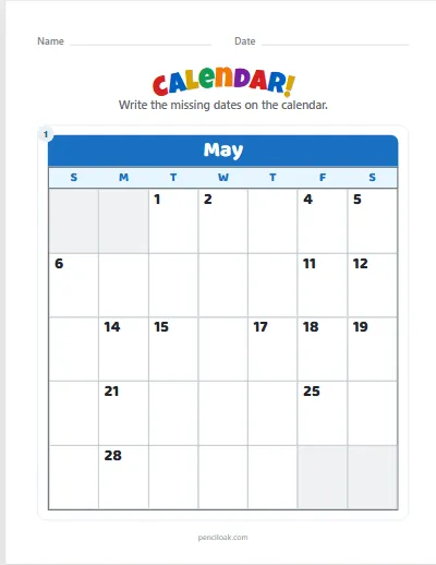 Calendar · May · Half missing worksheet