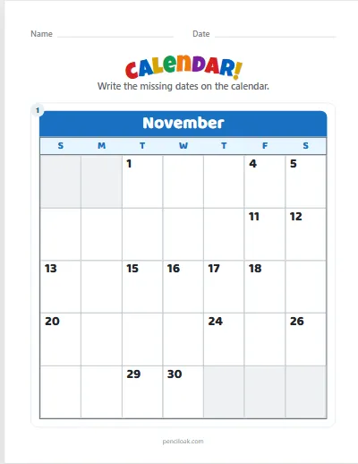 Calendar · November · Half missing worksheet