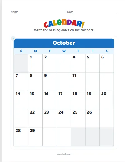 Calendar · October · A few missing worksheet