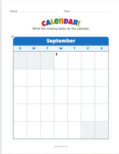 Calendar · September · All missing worksheet