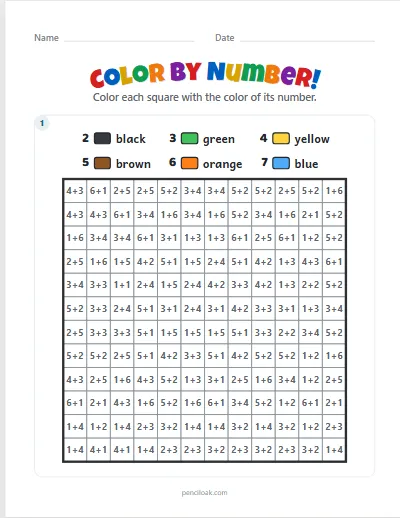 Color by number · Addition · Fish · 1 picture worksheet