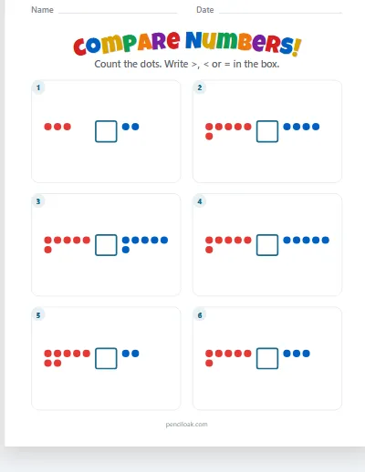 Compare numbers · Dots · To 10 · 6 questions worksheet