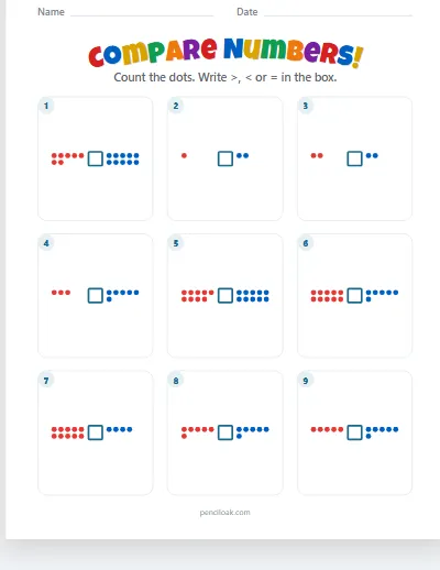 Compare numbers · Dots · To 10 · 9 questions worksheet