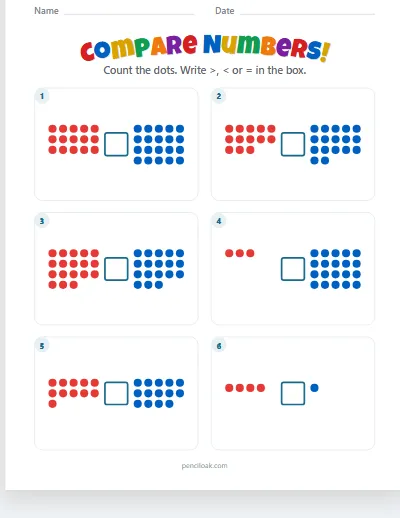 Compare numbers · Dots · To 20 · 6 questions worksheet