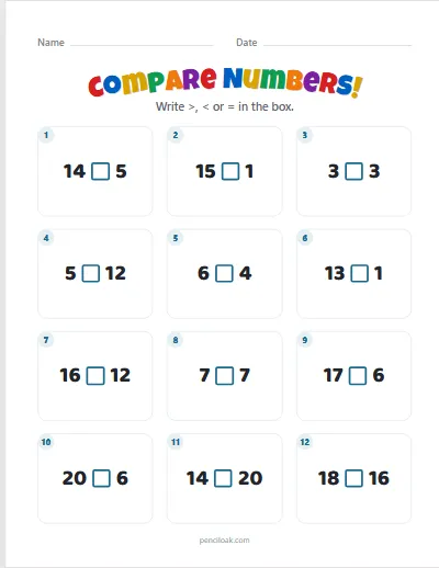 Compare numbers · Numbers · To 20 · 12 questions worksheet