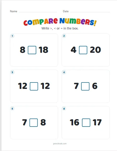 Compare numbers · Numbers · To 20 · 6 questions worksheet