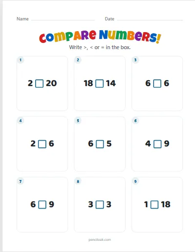 Compare numbers · Numbers · To 20 · 9 questions · set 2 worksheet
