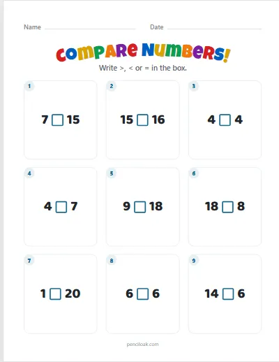 Compare numbers · Numbers · To 20 · 9 questions worksheet