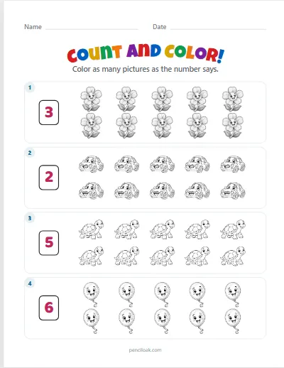 Count and color · Up to 10 · 4 rows · set 2 worksheet