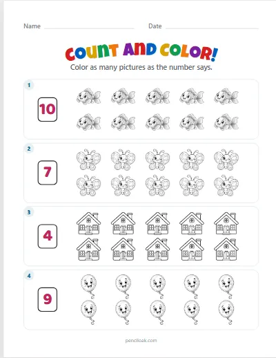 Count and color · Up to 10 · 4 rows worksheet