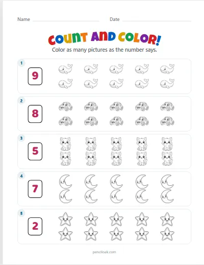 Count and color · Up to 10 · 5 rows · set 2 worksheet