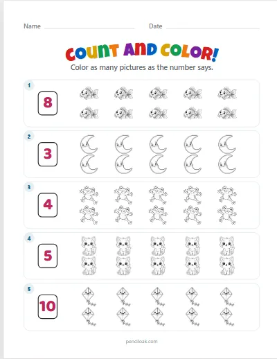 Count and color · Up to 10 · 5 rows · set 3 worksheet