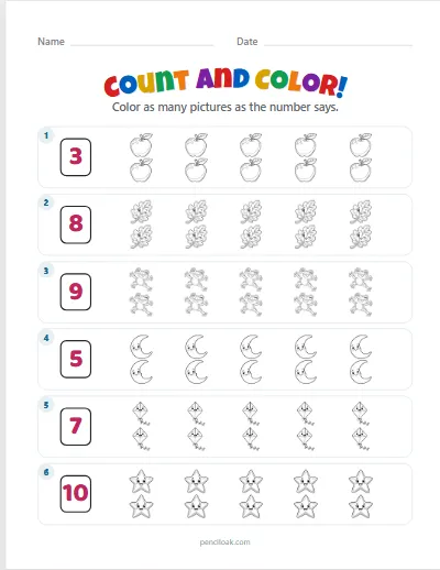 Count and color · Up to 10 · 6 rows · set 2 worksheet
