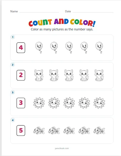 Count and color · Up to 5 · 4 rows · set 2 worksheet