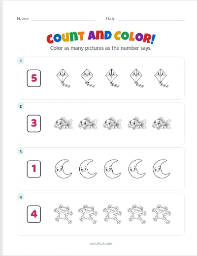 Count and color · Up to 5 · 4 rows worksheet