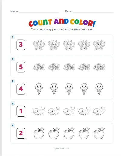 Count and color · Up to 5 · 5 rows · set 2 worksheet
