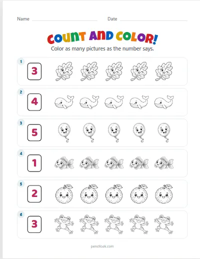 Count and color · Up to 5 · 6 rows worksheet