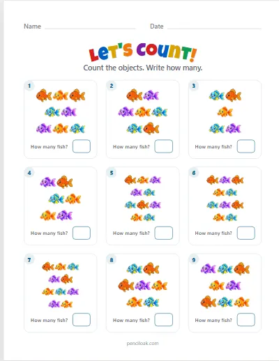 Count to 10 · Fish · 9 questions worksheet