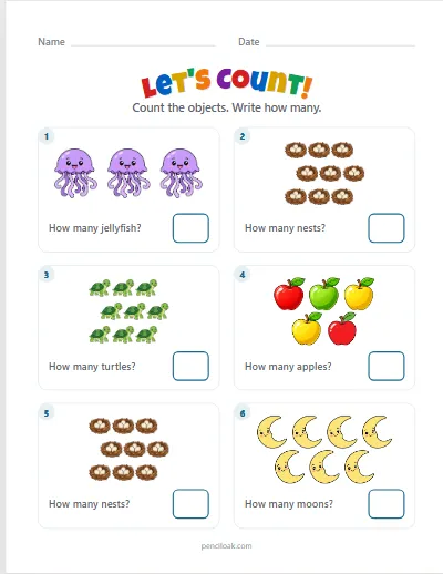 Count to 10 · Mixed objects · 6 questions worksheet