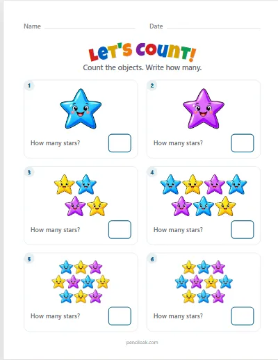 Count to 10 · Stars · 6 questions worksheet