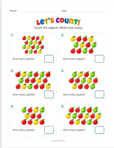 Count to 20 · Apples · 6 questions worksheet